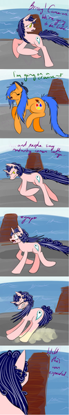 Size: 802x4802 | Tagged: artist needed, safe, derpibooru import, oc, unofficial characters only, earth pony, pony, unicorn, vocational death cruise, absurd resolution, beret, comic, dialogue, duo, duo female, female, mare, ocean, running