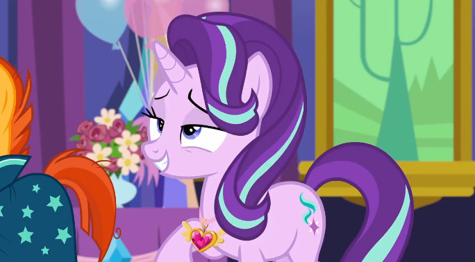 Size: 684x378 | Tagged: safe, derpibooru import, screencap, starlight glimmer, sunburst, pony, unicorn, celestial advice, balloon, equestrian pink heart of courage, flower, lidded eyes, offscreen character, raised hoof, smiling, solo focus, twilight's castle