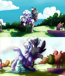 Size: 3501x4097 | Tagged: safe, artist:heyerika, derpibooru import, cloudchaser, flitter, thunderlane, pegasus, pony, absurd resolution, backbend, bow, colt, contortionist, cute, faceplant, female, filly, flexible, friends, funny, hair bow, laughing, male, playground, smiling, trio, younger