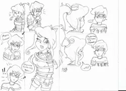 Size: 2335x1697 | Tagged: source needed, safe, artist:violetfeatheroficial, derpibooru import, oc, oc:crimson guard, oc:violet feather, unofficial characters only, equestria girls, bondage, comic, glasses, monochrome, sexy, spanish