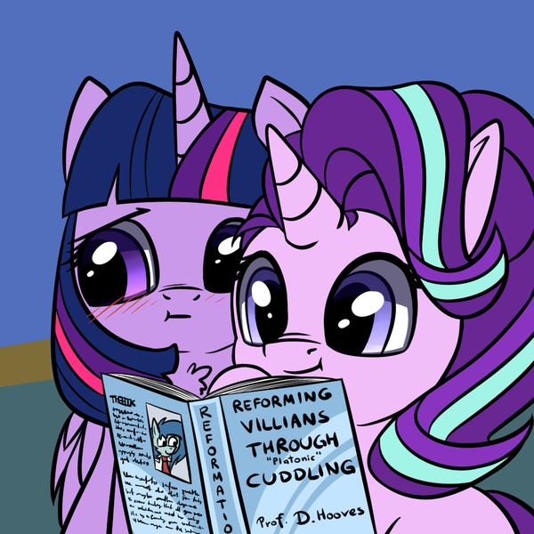 Size: 1080x1080 | Tagged: safe, artist:duop-qoub, artist:tjpones, derpibooru import, starlight glimmer, twilight sparkle, twilight sparkle (alicorn), alicorn, pony, unicorn, :t, blushing, book, chest fluff, cuddling, cute, duo, duo female, embarrassed, female, glimmerbetes, mare, platonic, platonic cuddling, smiling, twiabetes