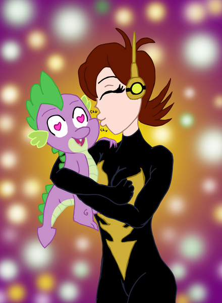 Size: 2169x2959 | Tagged: artist:edcom02, avengers, crossover, crossover shipping, derpibooru import, dragon, heart eyes, interspecies, janet van dyne, kissing, kiss on the cheek, marvel, marvel comics, safe, shipping, spike, spikexwasp, wasp (marvel), wingding eyes