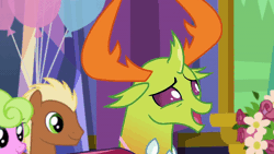 Size: 600x338 | Tagged: safe, derpibooru import, screencap, thorax, changedling, changeling, pony, celestial advice, animated, blinking, cute, embarrassed, equestrian pink heart of courage, floppy ears, gif, grin, king thorax, more fun than it sounds, smiling, solo focus, squee, thorabetes, twilight's castle, wavy mouth