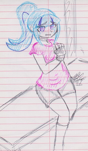 Size: 1268x2170 | Tagged: safe, artist:orochivanus, derpibooru import, sonata dusk, equestria girls, bench, blushing, choker, clothes, crying, fingerless gloves, gloves, lined paper, shirt, shorts, sitting, solo, traditional art