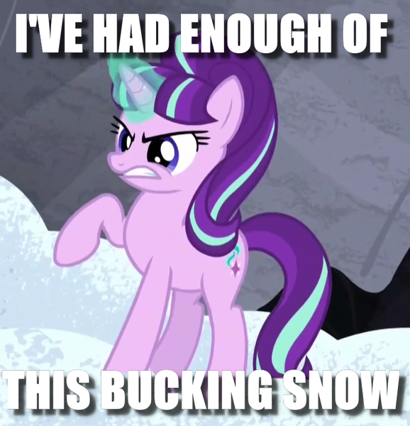 Size: 741x769 | Tagged: annoyed, derpibooru import, edit, edited screencap, image macro, meme, safe, screencap, snow, solo, starlight glimmer, the cutie map