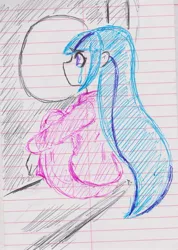 Size: 1511x2121 | Tagged: safe, artist:orochivanus, derpibooru import, sonata dusk, equestria girls, clothes, crying, lined paper, pajamas, sitting, solo, traditional art, window