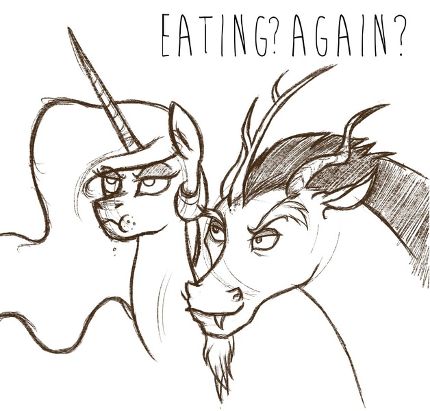 Size: 1280x1222 | Tagged: safe, artist:saszetka, derpibooru import, discord, princess celestia, alicorn, pony, celestia is not amused, eating, lidded eyes, looking up, monochrome, simple background, sketch, smirk, unamused, white background