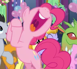 Size: 857x768 | Tagged: safe, derpibooru import, screencap, amber waves, carrot top, coco crusoe, golden harvest, lucky clover, pinkie pie, changedling, changeling, crystal pony, earth pony, pony, celestial advice, cropped, female, mare, open mouth, rearing, solo focus, twilight's castle, volumetric mouth