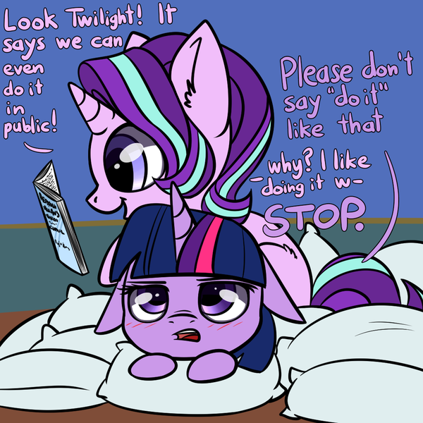 Size: 1080x1080 | Tagged: safe, artist:duop-qoub, artist:tjpones, derpibooru import, starlight glimmer, twilight sparkle, twilight sparkle (alicorn), alicorn, pony, unicorn, blushing, book, cuddling, dialogue, duo, duo female, ear fluff, embarrassed, female, floppy ears, innocent innuendo, mare, pillow, platonic, platonic cuddling