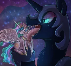 Size: 1200x1107 | Tagged: suggestive, artist:howlingvoice, derpibooru import, nightmare moon, princess celestia, alicorn, pony, drool, face licking, fangs, fetish, imminent vore, licking, macro, micro, open mouth, tongue out, unwilling