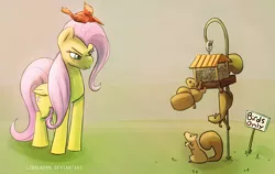 Size: 2190x1388 | Tagged: safe, artist:liracrown, derpibooru import, fluttershy, bird, pegasus, pony, squirrel, angry, bird feeder, caught, climbing, digital art, female, folded wings, frown, glare, grumpy, looking at something, looking down, mare, nose wrinkle, pointing, seeds, sign, wing hands
