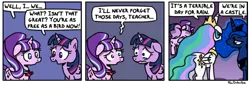 Size: 650x222 | Tagged: safe, artist:foudubulbe, derpibooru import, princess celestia, princess luna, starlight glimmer, twilight sparkle, twilight sparkle (alicorn), alicorn, pony, unicorn, celestial advice, comic, crying, dialogue, floppy ears, fullmetal alchemist, hilarious in hindsight, hug, lidded eyes, looking at each other, open mouth, roy mustang, royal sisters, sad, that was fast, wavy mouth