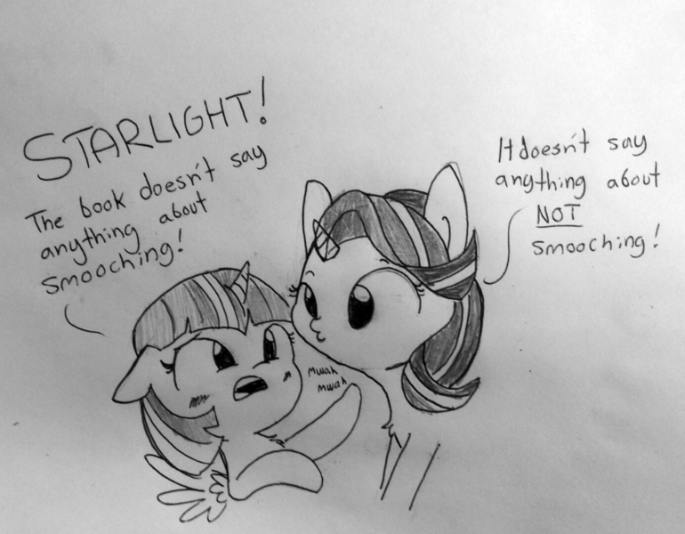 Size: 1280x998 | Tagged: safe, artist:tjpones, derpibooru import, starlight glimmer, twilight sparkle, twilight sparkle (alicorn), alicorn, pony, unicorn, blushing, chest fluff, dialogue, female, grayscale, imminent kissing, lesbian, mare, monochrome, mwah, non-consensual smoochies, shipping, simple background, smooch, traditional art, twistarlight, varying degrees of want, white background