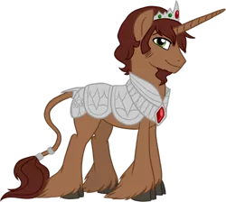 Size: 800x718 | Tagged: safe, artist:tambelon, derpibooru import, oc, oc:king bray, unofficial characters only, classical unicorn, pony, unicorn, armor, cloven hooves, jewelry, leonine tail, male, royalty, solo, stallion, tiara, unshorn fetlocks