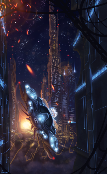 Size: 1856x3000 | Tagged: artist:detomasko, car, city, derpibooru import, futuristic, hovercraft, night, oc, safe, scenery, science fiction, unofficial characters only