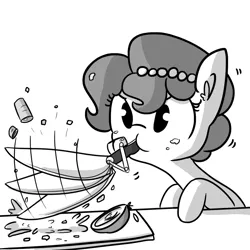 Size: 1080x1080 | Tagged: safe, artist:tjpones, derpibooru import, edit, editor:dsp2003, oc, oc:brownie bun, unofficial characters only, earth pony, pony, horse wife, :t, carrot, chopping, cooking, cute, ear fluff, female, food, glare, grayscale, knife, mare, messy, monochrome, mouth hold, ocbetes, puffy cheeks, raised hoof, simple background, solo, textless, tomato, wat, white background