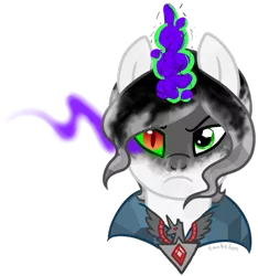 Size: 529x566 | Tagged: semi-grimdark, artist:tambelon, derpibooru import, king sombra, oc, oc:prince topaz, crystal pony, pony, unicorn, alicorn amulet, bust, corrupted, simple background, solo, sombra eyes, transparent background