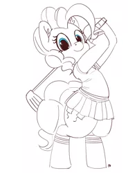 Size: 1280x1727 | Tagged: safe, artist:pabbley, derpibooru import, pinkie pie, pony, bipedal, clothes, cute, diapinkes, golf, golf club, midriff, partial color, pleated skirt, shirt, simple background, skirt, socks, solo, white background