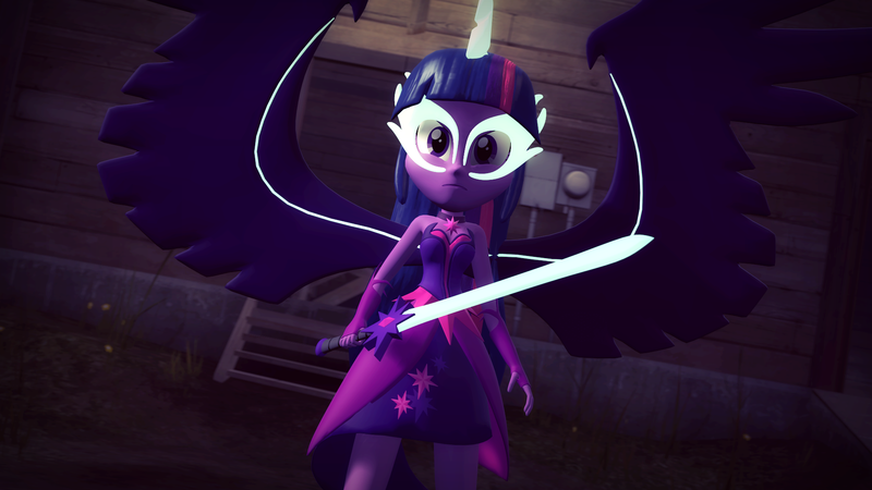 Size: 1920x1080 | Tagged: safe, artist:razethebeast, derpibooru import, sci-twi, twilight sparkle, equestria girls, 3d, alternate hairstyle, clothes, female, long hair, loose hair, midnight sparkle, solo, source filmmaker, sword, weapon