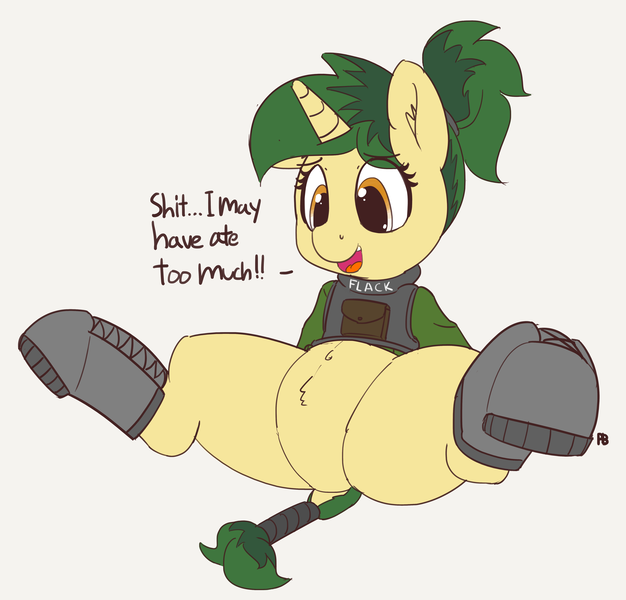 Size: 5325x5100 | Tagged: safe, artist:pabbley, derpibooru import, oc, oc:flack, unofficial characters only, pony, unicorn, absurd resolution, belly, belly button, boots, clothes, dialogue, featureless crotch, plump, simple background, solo, tail wrap, vulgar