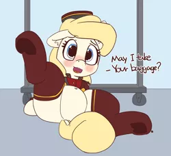 Size: 1280x1167 | Tagged: suggestive, artist:pabbley, derpibooru import, oc, oc:belle hop, unofficial characters only, pony, belly button, blushing, cart, clothes, cute, dialogue, featureless crotch, female, floppy ears, on back, plump, socks, solo, solo female, underhoof