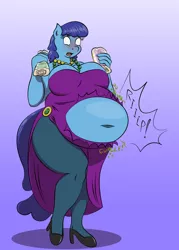 Size: 1280x1792 | Tagged: anthro, artist:americananomaly, belly, belly button, big belly, bloated, blueberry cloud, derpibooru import, embarrassed, fat, female, inflation, king cake, mardi gras, pegasus, plantigrade anthro, safe, solo, stomach noise, stuffed, wardrobe malfunction