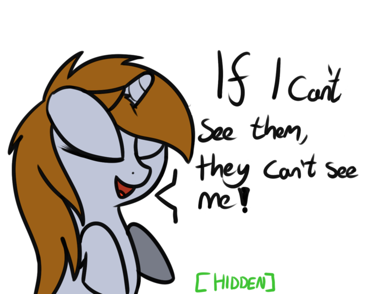Size: 1280x1009 | Tagged: safe, artist:neuro, derpibooru import, oc, oc:littlepip, unofficial characters only, pony, unicorn, fallout equestria, covering, covering eyes, cute, dialogue, eyes closed, female, floppy ears, hidden, it just works, mare, open mouth, seems legit, silly, simple background, smiling, solo, the perfect plan, transparent background