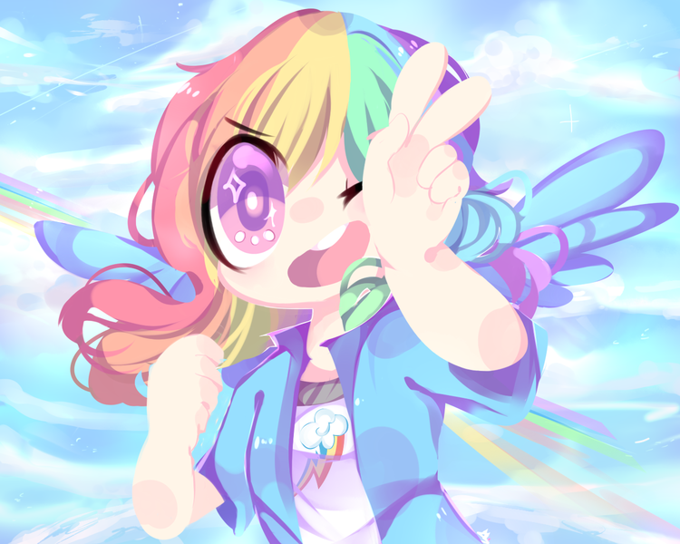 Size: 1280x1024 | Tagged: safe, artist:mikodiin, derpibooru import, rainbow dash, human, equestria girls outfit, humanized, one eye closed, solo, winged humanization, wings, wink