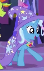 Size: 199x318 | Tagged: safe, derpibooru import, screencap, trixie, pony, unicorn, celestial advice, cape, clothes, cute, diatrixes, equestrian pink heart of courage, hat, horn, jewelry, medal, smiling