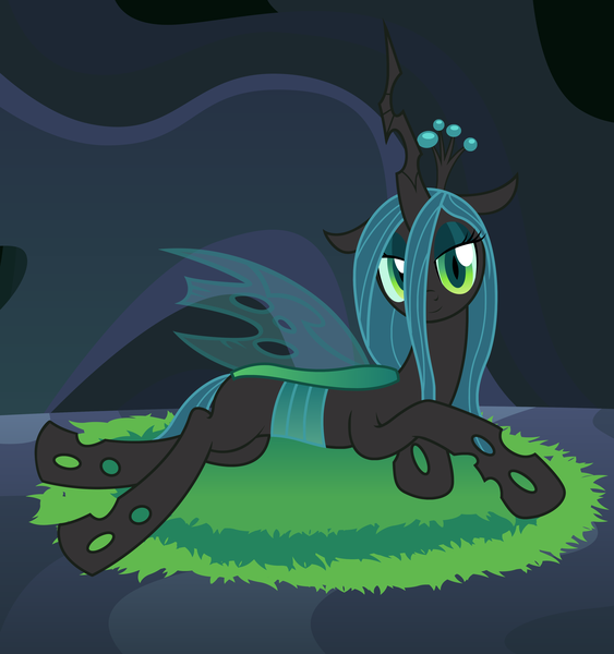 Size: 3613x3849 | Tagged: safe, artist:badumsquish, derpibooru import, queen chrysalis, changeling, changeling queen, bedroom eyes, cave, draw me like one of your french girls, female, lidded eyes, looking at you, mare, nest, prone, side, smiling, solo, spread wings, stupid sexy chrysalis, wings
