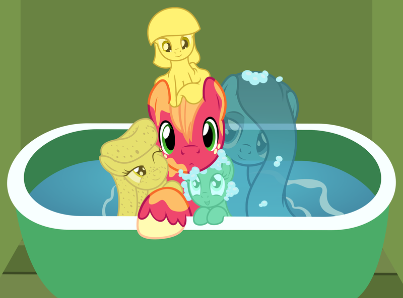 Size: 2862x2123 | Tagged: safe, artist:badumsquish, derpibooru import, big macintosh, oc, oc:warm waters, oc:zesty suds, ponified, earth pony, goo pony, object pony, original species, pony, soap pony, sponge pony, wash cloth pony, water pony, bath, bathtub, bedroom eyes, big jackintosh, big macintosh gets all the mares, bubble, cute, forced bathing, grin, looking at you, macabetes, male, nervous, one eye closed, paint on fur, smiling, soap, sponge, squishy cheeks, straight, wash cloth, water, wink