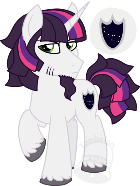 Size: 526x700 | Tagged: safe, artist:tambelon, derpibooru import, oc, oc:prince evening star, unofficial characters only, pony, unicorn, male, next generation, offspring, parent:oc:king bray, parent:twilight sparkle, parents:canon x oc, solo, stallion, watermark