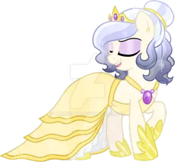 Size: 800x740 | Tagged: safe, artist:tambelon, derpibooru import, oc, oc:opalescent pearl, unofficial characters only, crystal pony, pony, clothes, dress, female, jewelry, mare, solo, tiara, watermark