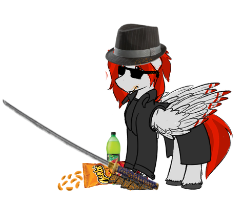 Size: 474x398 | Tagged: alicorn, alicorn oc, cheeto dust, cheetos, clothes, definitely not oc:delta dart, derpibooru import, drink, edgy, hat, hidden horn, hippogriff, katana, mountain dew, oc, oc:epsilon edge, safe, simple background, solo, sword, transparent background, trenchcoat, trilby, unofficial characters only, weapon