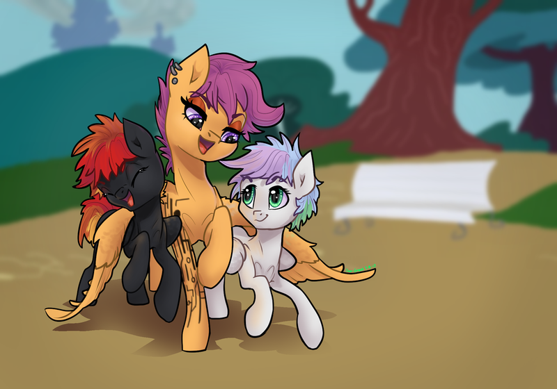 Size: 1024x717 | Tagged: safe, artist:joan-grace, derpibooru import, scootaloo, oc, oc:prism, oc:spectrum, pegasus, pony, aunt and niece, offspring, parent:rainbow dash, parent:soarin', parents:soarindash