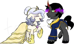 Size: 800x477 | Tagged: safe, artist:tambelon, derpibooru import, king sombra, oc, oc:opalescent pearl, crystal pony, pony, unicorn, awkward, beauty and the beast, canon x oc, clothes, dress, female, jewelry, looking back, male, mare, sombralescent, stallion, tiara, watermark