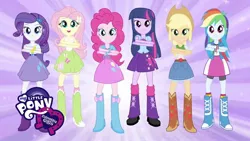 Size: 1920x1080 | Tagged: safe, derpibooru import, applejack, fluttershy, pinkie pie, rainbow dash, rarity, twilight sparkle, twilight sparkle (alicorn), alicorn, equestria girls, balloon, boots, bowtie, bracelet, clothes, compression shorts, cowboy boots, cowboy hat, denim skirt, eg stomp, equestria girls logo, equestria girls prototype, error, hands on arms, hat, high heel boots, jewelry, leg warmers, looking at you, my little pony logo, purple background, shoes, simple background, skirt, socks, stetson, tanktop, the eg stomp, wristband