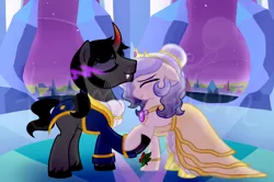 Size: 900x599 | Tagged: safe, artist:tambelon, derpibooru import, king sombra, oc, oc:opalescent pearl, crystal pony, pony, unicorn, beauty and the beast, canon x oc, clothes, dancing, dress, female, jewelry, male, mare, shipping, sombralescent, stallion, tiara, watermark