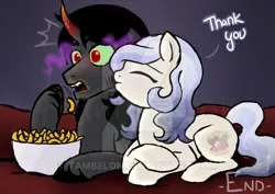 Size: 600x424 | Tagged: safe, artist:tambelon, derpibooru import, king sombra, oc, oc:opalescent pearl, crystal pony, pony, unicorn, canon x oc, cheetos, female, kissing, male, mare, shipping, sombralescent, stallion, watermark