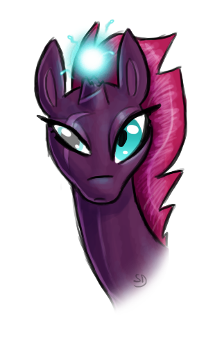 Size: 320x502 | Tagged: safe, artist:sallindaemon, derpibooru import, fizzlepop berrytwist, tempest shadow, pony, unicorn, my little pony: the movie, blind eye, broken horn, bust, eye scar, magic, portrait, scar, simple background, solo, sparking horn, transparent background