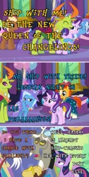 Size: 939x1859 | Tagged: safe, derpibooru import, edit, screencap, discord, starlight glimmer, sunburst, thorax, trixie, twilight sparkle, twilight sparkle (alicorn), alicorn, changedling, changeling, draconequus, earth pony, pony, unicorn, celestial advice, balloon, butt, female, king thorax, lesbian, male, mare, party, plot, screencap comic, shipper on deck, shipping, shipping fuel, shipping war, startrix, text, twilight's castle