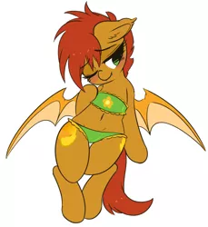 Size: 4069x4451 | Tagged: suggestive, artist:wickedsilly, derpibooru import, oc, oc:mango slice, unofficial characters only, bat pony, fruit bat, pony, absurd resolution, belly button, bikini, bipedal, blushing, both cutie marks, clothes, female, midriff, one eye closed, shy, simple background, smol, solo, solo female, swimsuit, white background