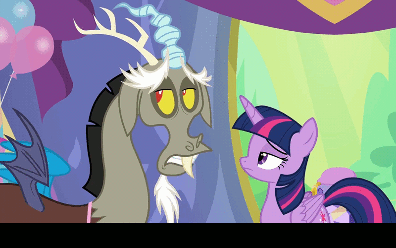 Size: 1024x640 | Tagged: safe, derpibooru import, edit, screencap, discord, twilight sparkle, twilight sparkle (alicorn), alicorn, pony, celestial advice, animated, balloon, caption, crossed arms, eyes closed, freeze frame, frown, gif, pouting, smiling, smuglight sparkle, text, twilight's castle