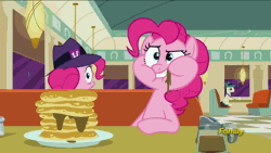 Size: 800x450 | Tagged: animated, callback, clone, derpibooru import, discovery family logo, eating, edit, edited screencap, faic, food, frown, gif, grin, hoof hold, looking at you, looking back, lucky breaks, pancakes, pinkie clone, pinkie pie, puffy cheeks, reversed, safe, screencap, smiling, smirk, syrup, the saddle row review, wide eyes