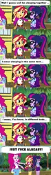 Size: 640x2159 | Tagged: suggestive, derpibooru import, edit, edited screencap, screencap, pinkie pie, sci-twi, sunset shimmer, twilight sparkle, equestria girls, legend of everfree, comic, implied lesbian, implied scitwishimmer, implied shipping, implied sunsetsparkle, screencap comic