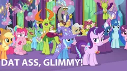 Size: 1276x716 | Tagged: suggestive, derpibooru import, edit, edited screencap, screencap, applejack, discord, mayor mare, night glider, party favor, pinkie pie, starlight glimmer, sugar belle, thorax, trixie, changedling, changeling, draconequus, earth pony, pony, unicorn, celestial advice, caption, equestrian pink heart of courage, female, food, king thorax, mare, popcorn, reformed four, twilight's castle