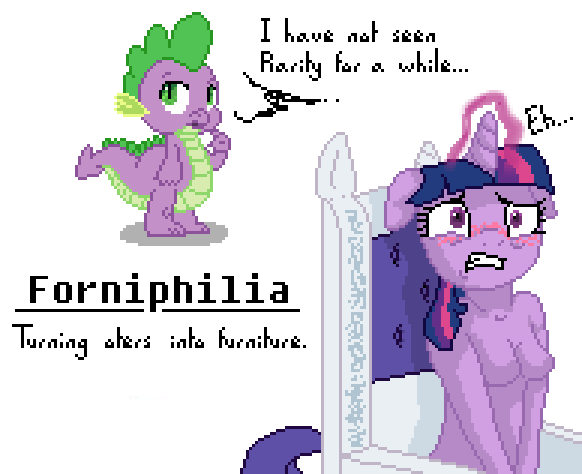 Size: 582x474 | Tagged: questionable, artist:sehad, derpibooru import, rarity, spike, twilight sparkle, anthro, dragon, unicorn, big book of fetishes, blushing, breasts, chair, chair transformation, chairity, featureless breasts, female, floppy ears, forniphilia, frown, glowing horn, gritted teeth, hornboner, inanimate tf, magic, misspelling, nudity, objectification, pixel art, simple background, transformation, white background, wide eyes