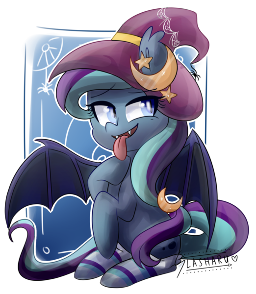Size: 1024x1176 | Tagged: safe, artist:slasharu, derpibooru import, oc, oc:witch hunt, unofficial characters only, bat pony, pony, clothes, female, hat, mare, sitting, socks, solo, striped socks, tongue out, witch hat