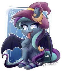 Size: 1024x1176 | Tagged: safe, artist:slasharu, derpibooru import, oc, oc:witch hunt, unofficial characters only, bat pony, pony, clothes, female, hat, mare, sitting, socks, solo, striped socks, tongue out, witch hat