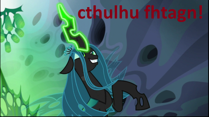 Size: 1024x576 | Tagged: changeling, changeling queen, cocoon, cthulhu, cthulhu mythos, cthulu fh'tagn, derpibooru import, edit, edited screencap, female, glowing horn, lovecraft, queen chrysalis, safe, screencap, solo, to where and back again